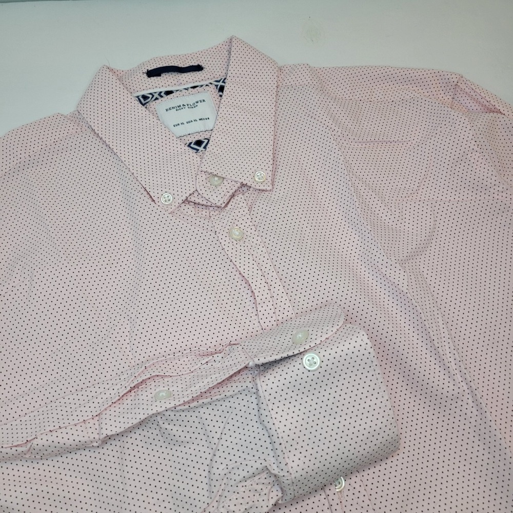 Denim & Flower Ricky Singh, Pink Polkadot Short‎ Sleeve Shirt, Size XL